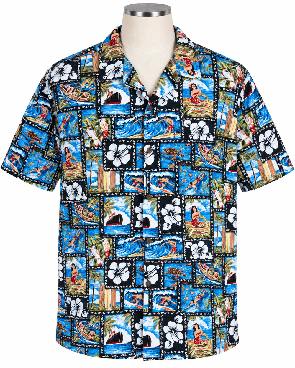 Vintage RJC Men's LARGE Hawaiian Shirt Blue Tropical Surf Beach Hula Aloha USA